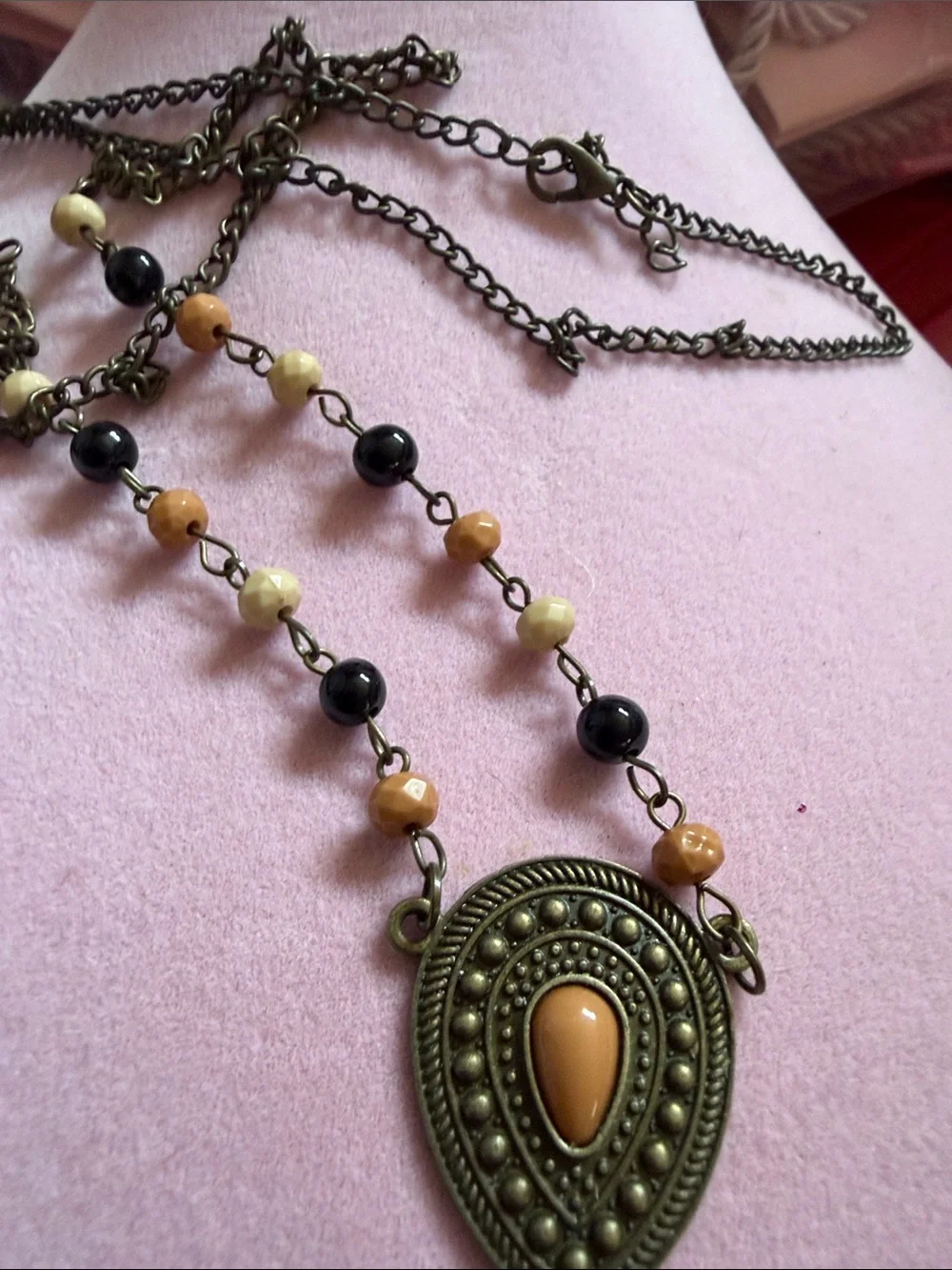 Boho Tassel Pendant Necklace in Amber and Black, 32”, 5” Tassel Drop, (J0118)